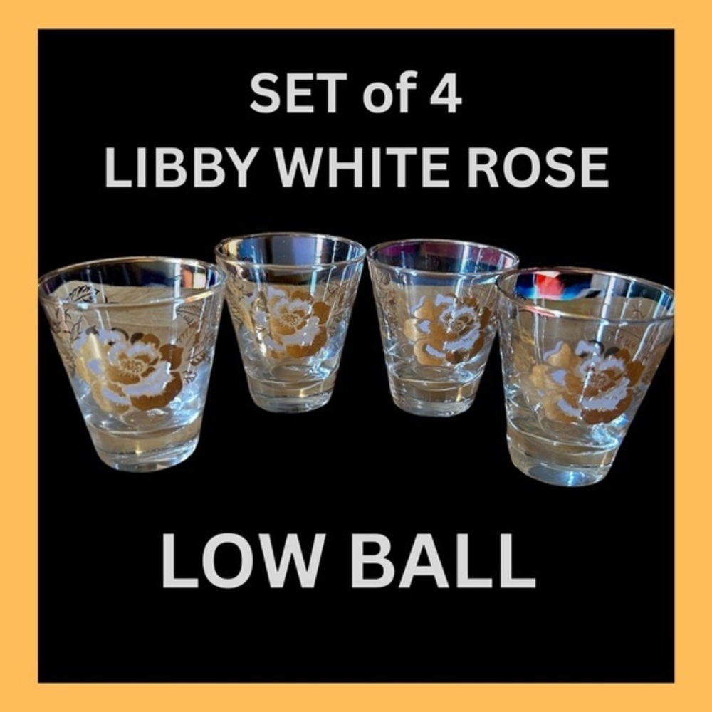 Set of 4 Mid-century Libby White Rose Low Ball Glasses.